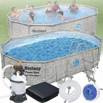 Овальний каркасний басейн Bestway 56946 488х305х107 см з фільтром та тентом на 10949 л Ротанг 56946 фото