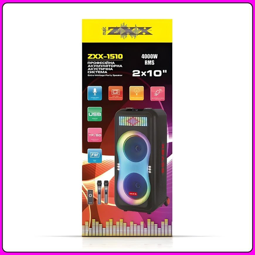 Портативна Bluetooth колонка 2x10" з бездротовими мікрофонами ZXX-1510 100W 6296/EW фото