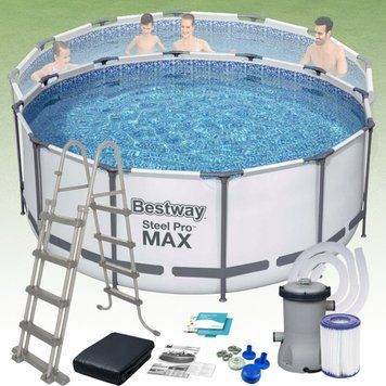 Круглый каркасный бассейн с фильтр и тентом Bestway 56420 для дачи 366 x 122 см на 10250 л Серый 56420 фото