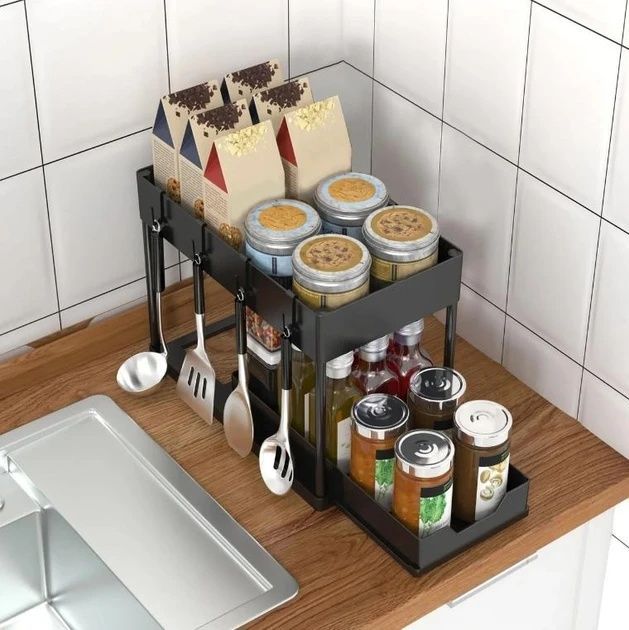Кухонный органайзер с выдвижным ящиком Kitchen Storage Rack Универсальный двухуровневый органайзер для кухни 7593/GR фото