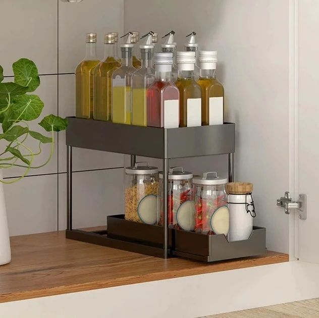 Кухонный органайзер с выдвижным ящиком Kitchen Storage Rack Универсальный двухуровневый органайзер для кухни 7593/GR фото
