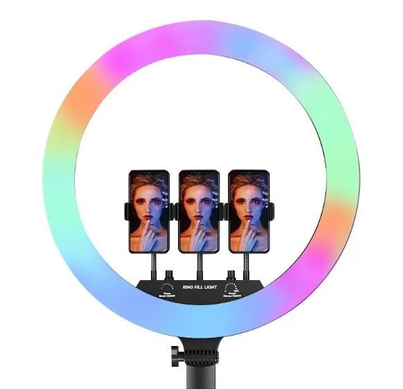 Лампа кольцевая 56 см RGB MJ56 с пультом Кольцевая LED лампа 2 м с тремя держателями телефона 02397/MB фото