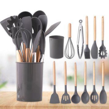 Набір кухонного приладдя 12 предметів із силікону та дерева Kitchen stuff Сірий 8292/GR фото