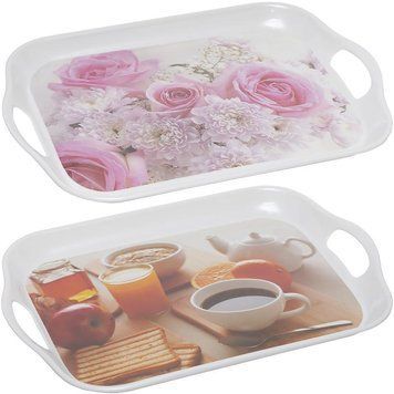 Пластиковый прямоугольный поднос с ручками и рисунками 40*28*3 см 7016 в упаковке 2 шт 98112/KL фото