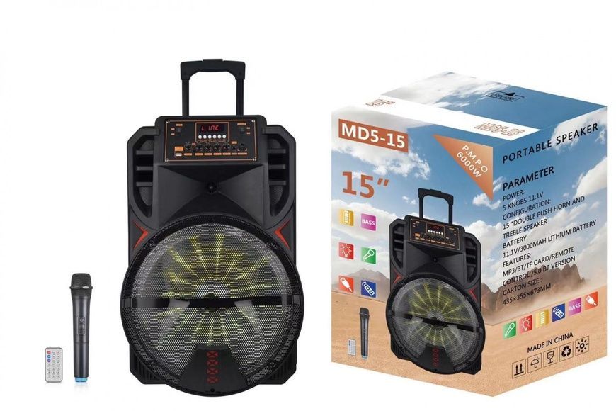 Акустична система з бездротовим мікрофоном на пульті MD5-15 15"x1 40W 3000mAh 15727/MG фото
