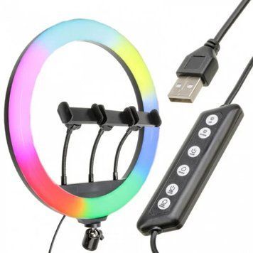 Кільцева світлодіодна RGB лампа MJ36 3 кріплення для телефону з керуванням на дроті 36 см 14639/MG фото