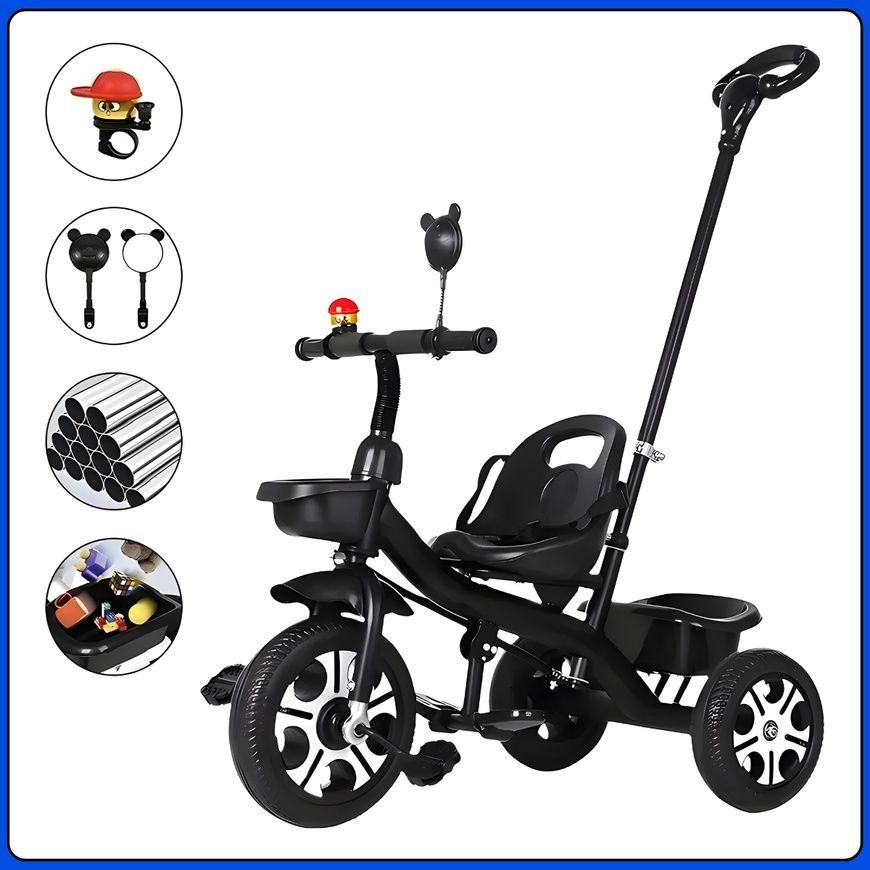 Детский трехколесный велосипед&nbsp;с родительской ручкой и корзинами&nbsp;Scooter Черный SCO82black/KR фото