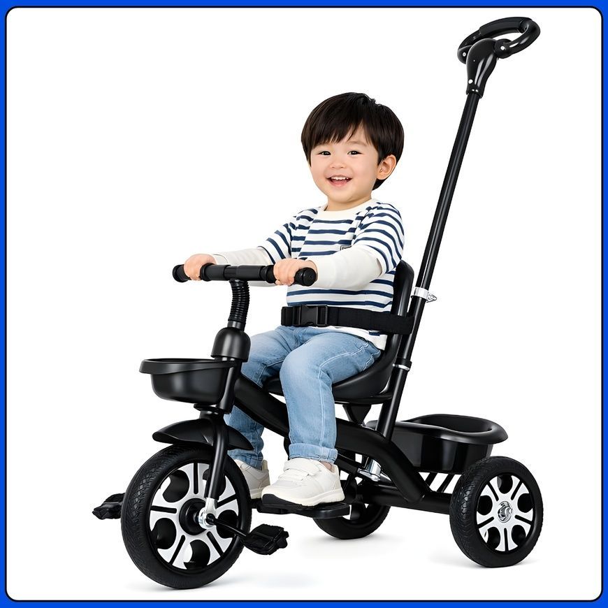 Детский трехколесный велосипед&nbsp;с родительской ручкой и корзинами&nbsp;Scooter Черный SCO82black/KR фото