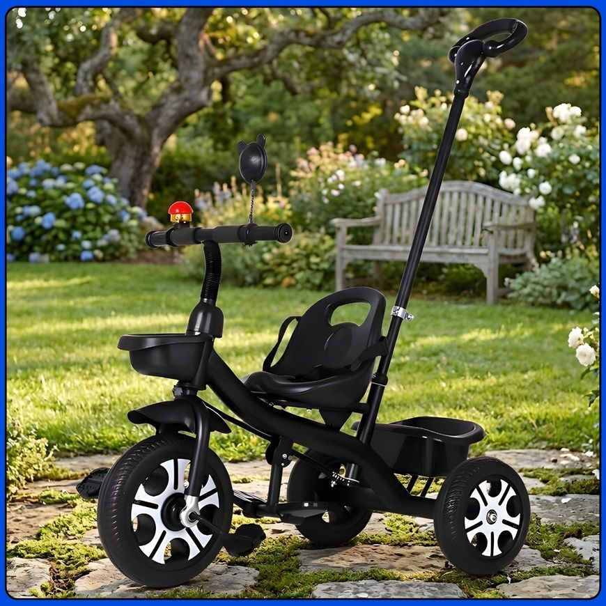 Детский трехколесный велосипед&nbsp;с родительской ручкой и корзинами&nbsp;Scooter Черный SCO82black/KR фото